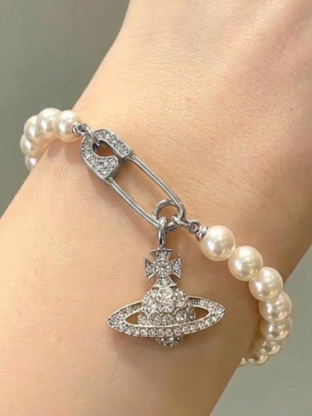 Celestial Pearl Charm Bracelet | Crystal Planet & Safety Pin Jewelry